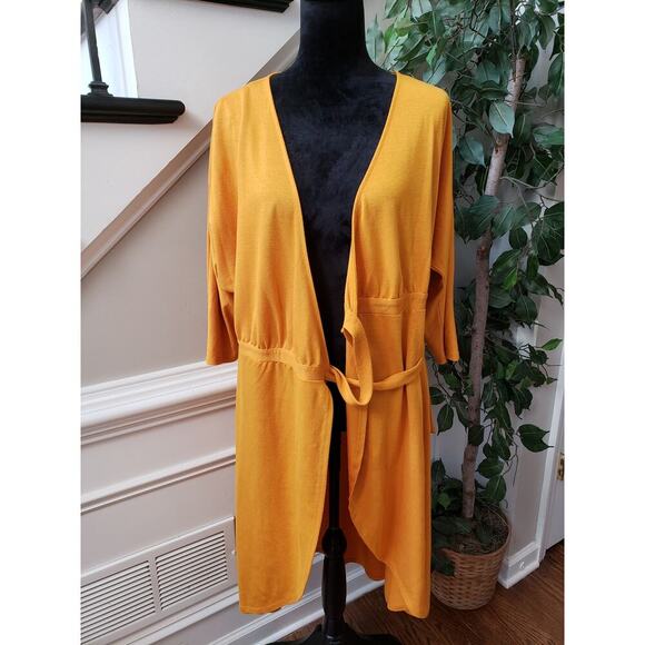 a.n.d Knee Length Dress Womens Small Yellow Long Sleeve V Neck Belted Open Front - Picture 8 of 13